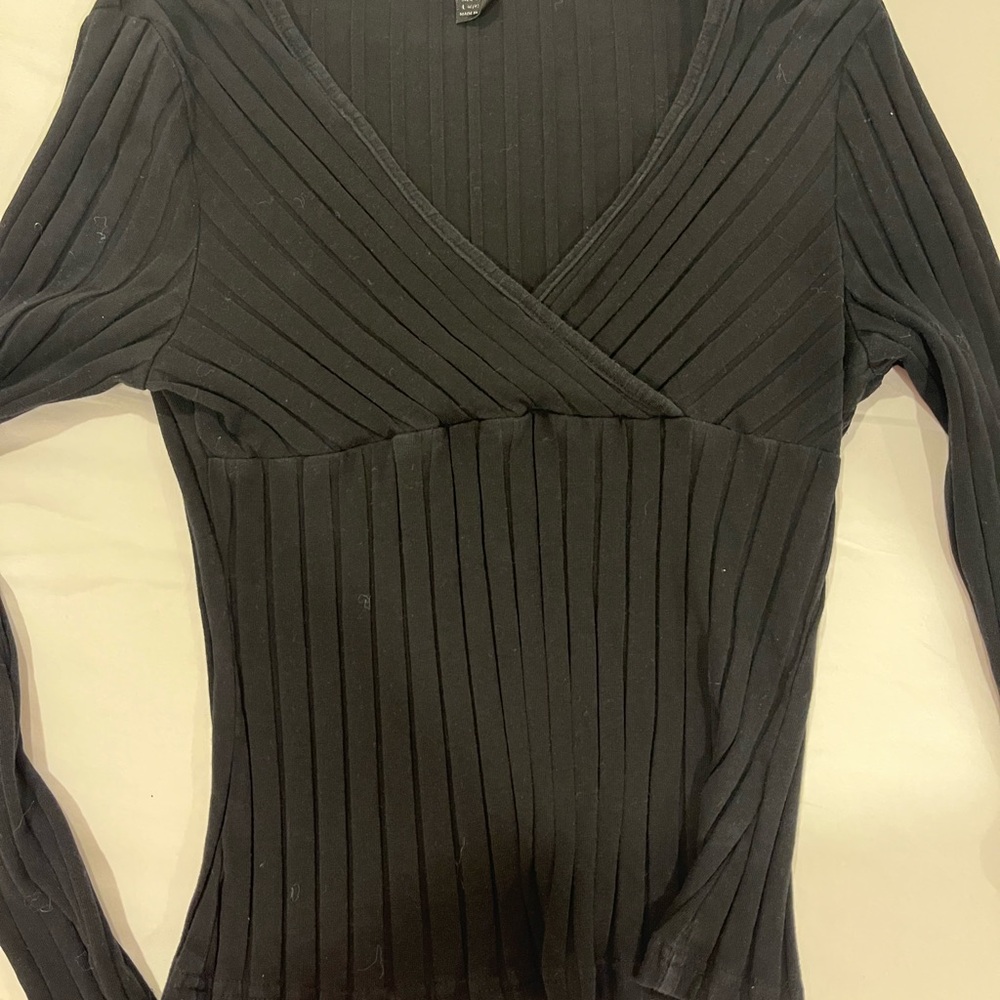 Black Ribbed V-Neck Top